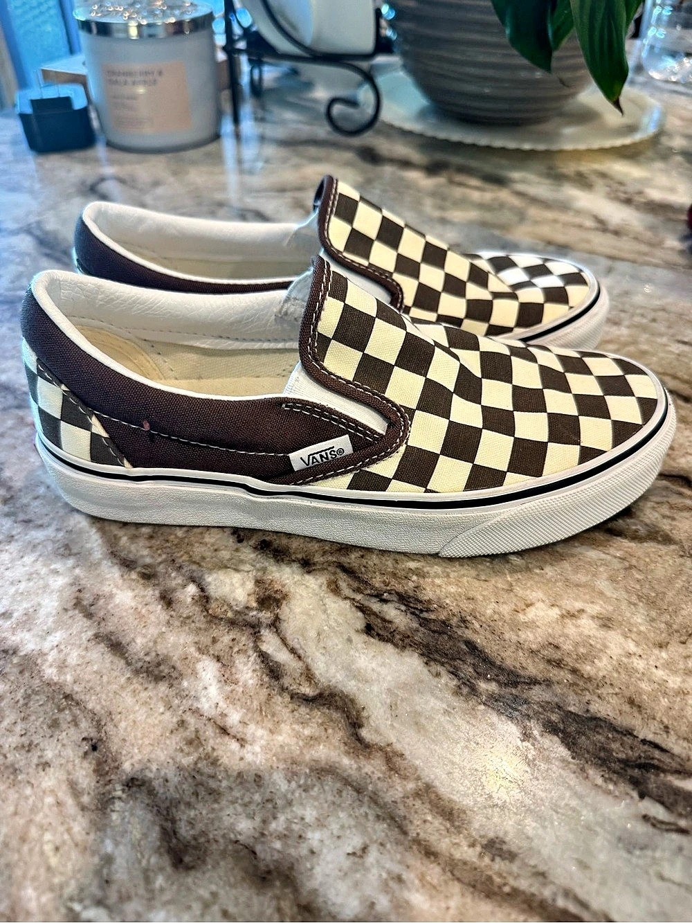 Vans Classic Slip-On Checkerboard Sneakers Brown & Cream | Women’s 5 / Men’s 3.5 - Picture 2 of 7